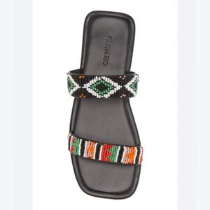 FARM RIO Black Beaded Square Toe Slide Sandals Size 6